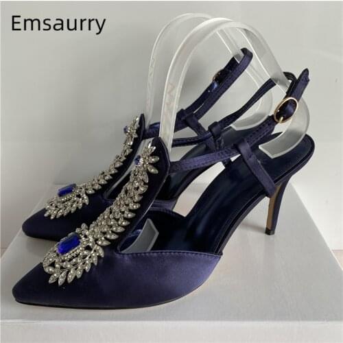 Emerald Diamond T-strap Gladiator Sandals Women 10cm 8cm Thin High Heel Luxury Satin Pointed Toe Rhinestone Party Shoes Woman