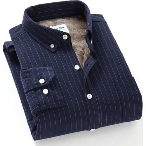 Quality Brand Winter Warm Striped Man Fleece Lined Velvet Shirts Male Soft Button Down Men Dress Shirt Streetwear