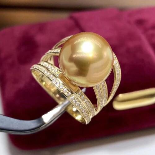 Fine Jewelry 18K Yellow Gold Natural Ocean Golden Peals 11-12mm Rings for Women Fine Pearls Rings
