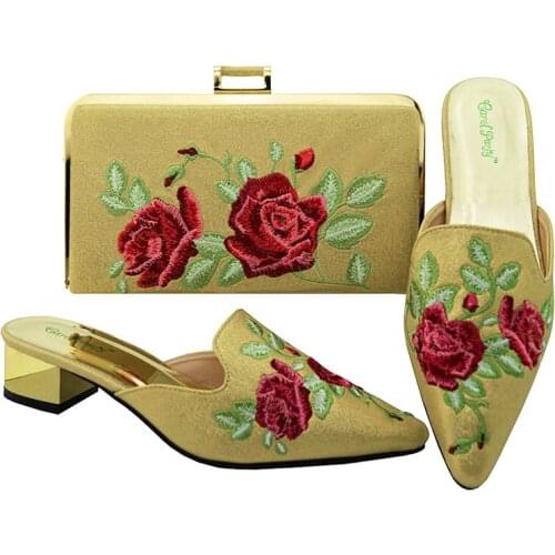 Italian Shoes and Bags Set Gold Nigerian Party Shoes and Sets of African Bag Harmonizing Shoes Med heel MM6003