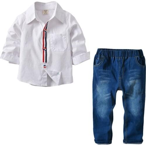 Baby Boy Clothing Sets Cotton Long Sleeve White Shirt +Jeans 2PCS Kids Children Clothing Autumn Suits for 2-7 Years Boys Clothes