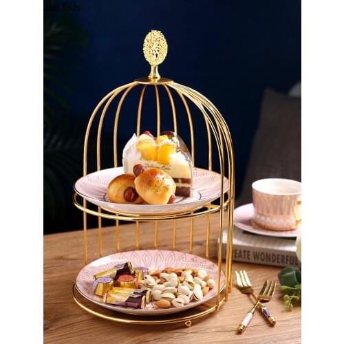 Creative Double-layer Metal Bird Cage Cake Stand Ceramic Fruit Plate Home Exquisite Sweets and Dessert Plate Kitchen Decoration