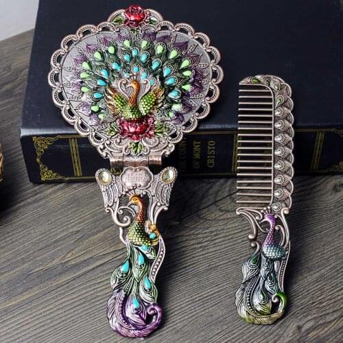 Creative Metal Handle Mirror European Classic Rose Hand-held Folding Mirror Makeup Mirror Birthday Wedding Valentines Day Gift