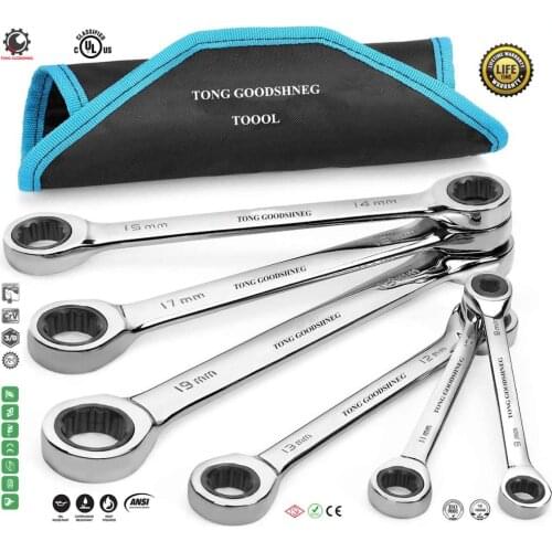 Double Box End Ratcheting Wrench Set,Metric,Chrome Vanadium Steel Construction Rolling Pouch Open-End Wrenches,Socket Wrenches