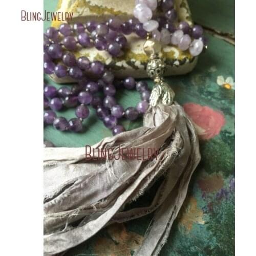 Knot Amethysts Rondelles Beads Necklace Gray Sari Silk Tassel Necklace NM23805