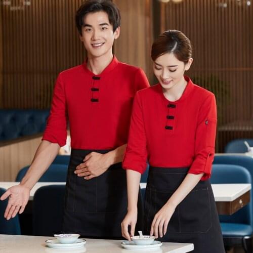 Catering Staff Work Clothes Long Sleeve Female Chinese Restaurant Waitress Uniform+Apron Set Hotpot Hotel Waiter Workwear