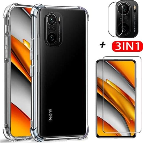 3in1 transparent silicone shockproof phone case for poco f3 tempered glass pocof3 poko little f 3 camera protection film cover