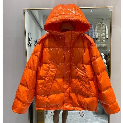 Candy Color Short Puffer Jacket Korean Hooded Shiny Down Jackets Orange Yellow Drawstring Long Sleeve Winter Parkas Female Coat