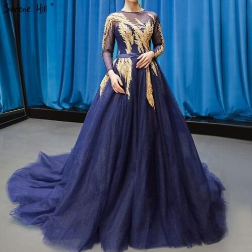 Luxury Navy Blue Long Sleeves Wedding Dresses 2019 Beading O-Neck High-end Sexy Bride Gowns Serene Hill C66801 Custom Made