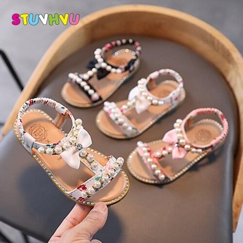 2021 Summer New Girls Sandals Pearl Bow Leather Shoes for Kids Sandals Open Toe Soft Bottom Toddler Girl Shoes Children Sandals