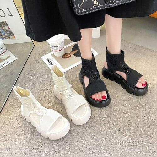 Sandals womens open-toed fairy style summer 2021 new womens shoes breathable knit set feet thick bottom short tube sandals