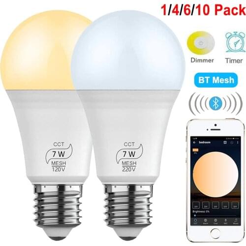 E27 Smart Bluetooth Control LED Bulb 7W CCT Dimmable LED Lamp AC100V 220V BT Mesh Net Group Smart LED Light Home Indoor Lighting