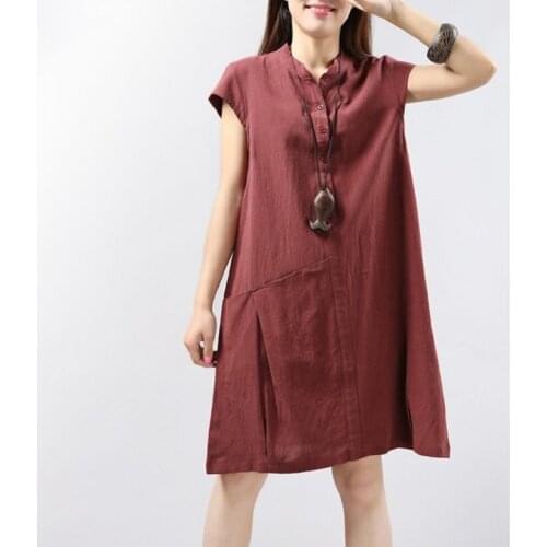 Large size womens 2018 summer new ethnic style cotton linen dress stand collar loose slim straight tube skirt