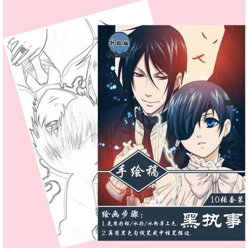 10 pages/book Black Butler Figures Kuroshitsuji Painting Book HD Anime Cartoon Drawing Book A4 Size For Childrens Drawing