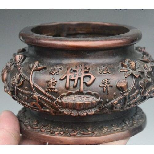 5" Chinese Buddhism Temple Pure Bronze Fo Lotus Incense Burner Censer Pot Crock