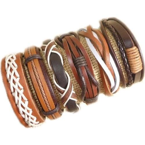 6Pcs Retro Style Leather Bracelet Mens Bracelets For Men Pulseira Masculina Charm Jewelry Handmade Bracelet Boyfriend Gifts H91