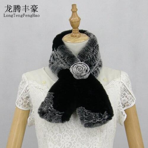 90*12cm Women Flower Knitted Real Rex Rabbit Fur Scarf Fashion Natural Fur Neckerchief Fashion Multicolor Rabbit Fur Scarves