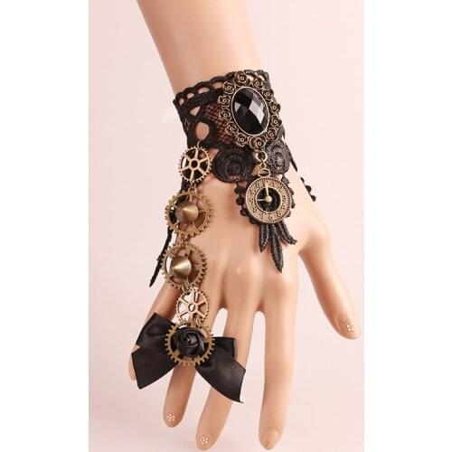 Bronzing Fingerless Gloves Gothic Floral Lace Steampunk Wristband Ring Vintage Beaded Gloves Bridal Bracelet Ring Set 1 Pair