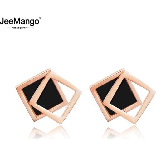 JeeMango Classic Double Square Shell Stud Wedding Earrings For Women Titanium Steel Female Earrings Jewelry Brincos JE17043