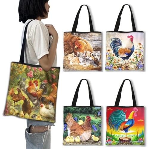 Oil Painting Cock Rooster Print Shopping Bags Canvas Shoulder Bags Chicken Cock Baby Women Handbag Causal Totes Shopper Bag