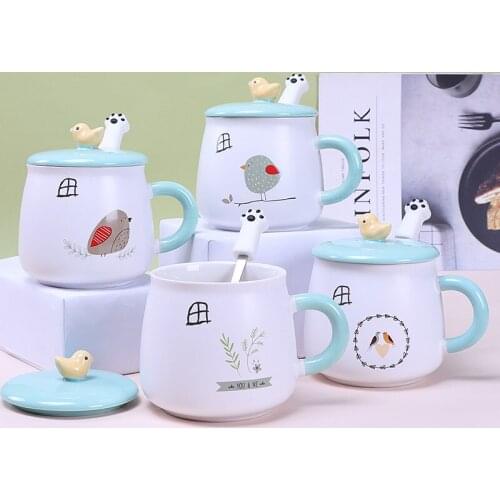 Ceramic Cartoon Cute Hand Painted Bird Coffee Mug with Lid and Spoon Set Creative Office Teacup Breakfast Oatmeal Milk Cup
