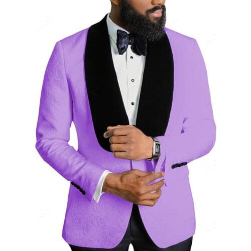 Groomsmen Lilac Pattern and Black Groom Tuxedos Shawl Lapel Men Suits 2 Pieces Wedding Bridegroom ( Jacket+Pants+Tie ) D142