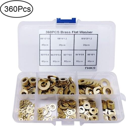 360pcs Brass flat washer M2 M3 M4 M5 M6 M8 M10 Brass gasket Assortment Kit retaining ring spacer