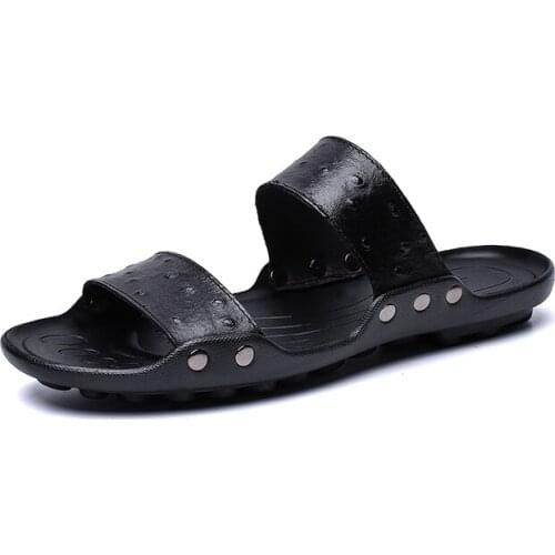 2019 Summer mens Slippers leisure Beach slides cow genuine leather Non-slip sandals fashion man causal black shoes size 38-47