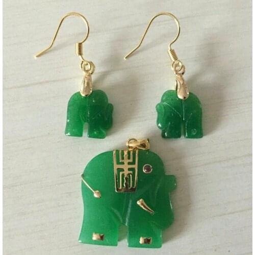 Natural Green Jade Carved Elephant Pendant 14K GP Necklace Earrings Set