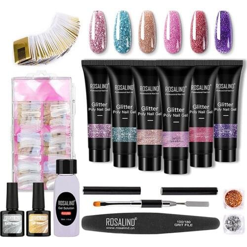 Poly Nail UV Gel Kit Glitter Diamond Nail Gel Set ( With 6 Color UV Gels, 100 Nail Extension Molds, Nail Files, Brush)