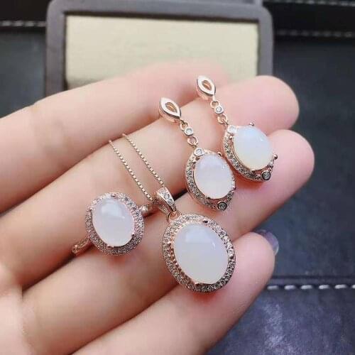 Boutique Hotan white jade S925 sterling silver earrings rings pendants Necklace Set luxurious and elegant