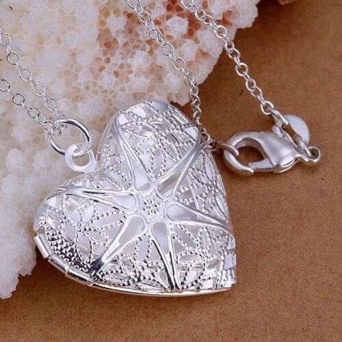 P185 Free Shipping silver plated Necklace, 925 fashion silver jewelry Heart flower photo frame /PAJJWVJU PAJJWVJU