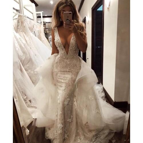 Sexy V Neck Mermaid Wedding Dresses with Detachable Train Lace Applique Beads Sweep Train Robe de mariee 2021 Custom Made Weddin