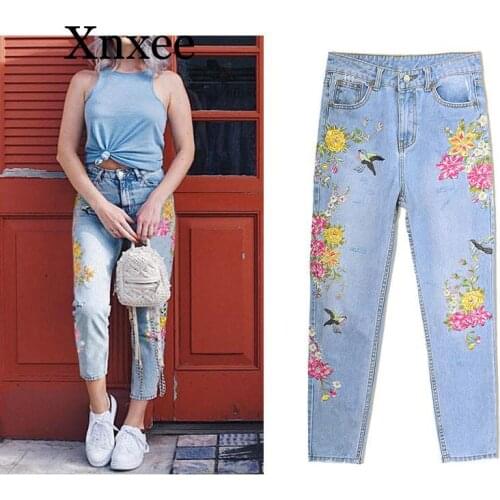 Blue long Jeans Womens Clothing 3D Floral Embroidery Denim Pants High Waist Straight Vintage Ripped Ladies Slim Jean Trousers