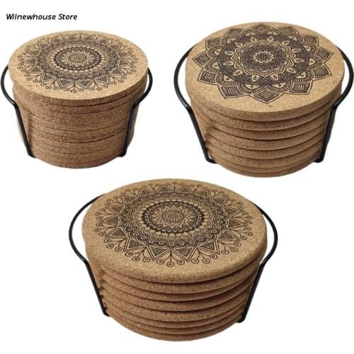 Nordic Mandala Pattern Round Cork Coasters with Holder Stand Rack Wooden Drinks Absorbent Mat Glass Cup Mug Pad Decor