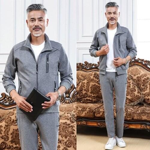 Korean Father Spring Autumn Winter Middle Aged And Elderly Mens Casual Sportswear Running Suit And Sweater Pants Two Piece Set