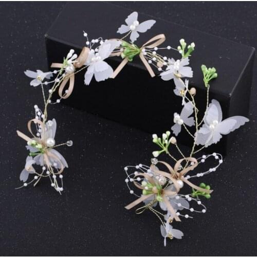 Girls White butterfly Wire Pearl Rhinestone Wreath Bridal Headband Floral Hairband Bride Bridesmaids Wedding Hair Ornament