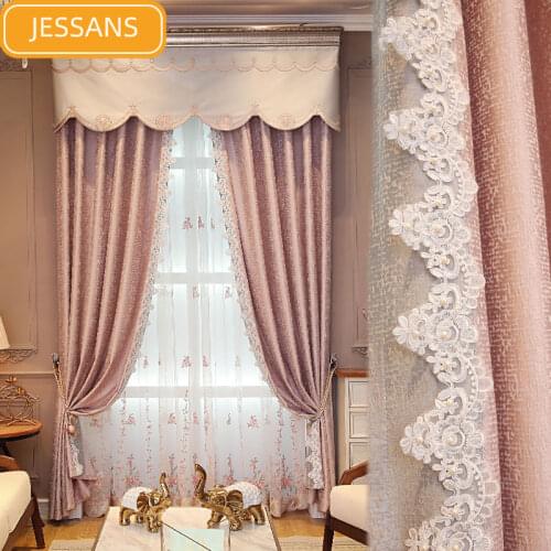 New Light Luxury Nordic Princess Wind Pink Bay Window Korean Lace Shading Rod Pocket Curtains for Living Dining Room Bedroom