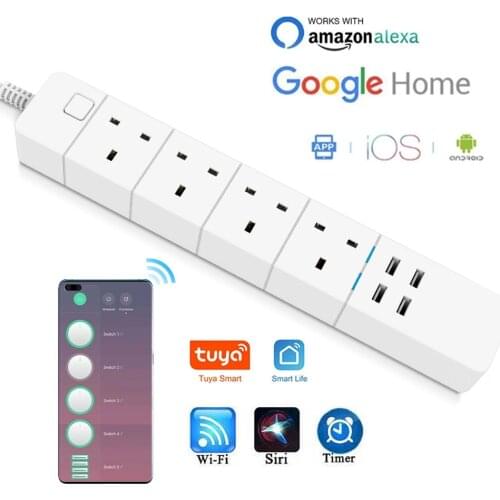 Wifi Smart power strip 4 Uk works with alexa googlehome multi plug four takes 4 AC Socket 4 USB voice contro