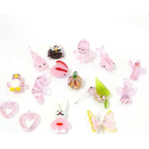 Hanging Mini Pink Glass Figurines Ornament Cute Sea Animal Plant Bird Pendant Home Garden Wedding Party Kawaii Decor Accessories