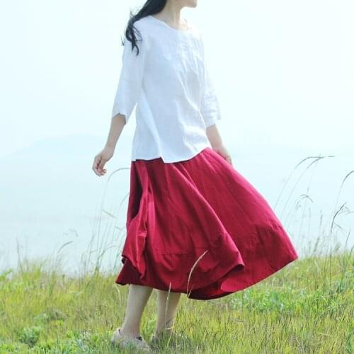 Women Cotton Linen Loose Elastic Waist Skirts Solid Color Retro Summer Autumn Vintage Skirts Casual Cute