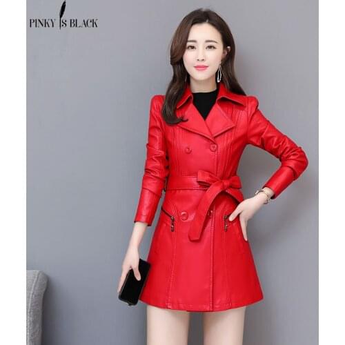 PinkyIsBlack New Long Faux Leather Jacket Women Turn-down Collar Double Breasted Casual Women Motorcycle Leather Coat Outwear