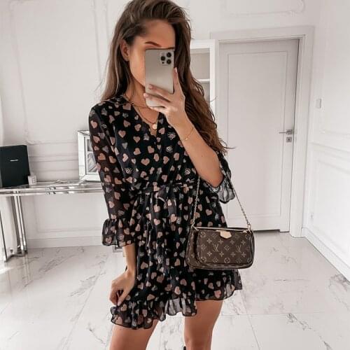 Foridol Heart Print Sash Casual Autumn Winter Dress Women Half Sleeve Ruffle Chiffon Plus Size Short Dress Big Size Robe Femme