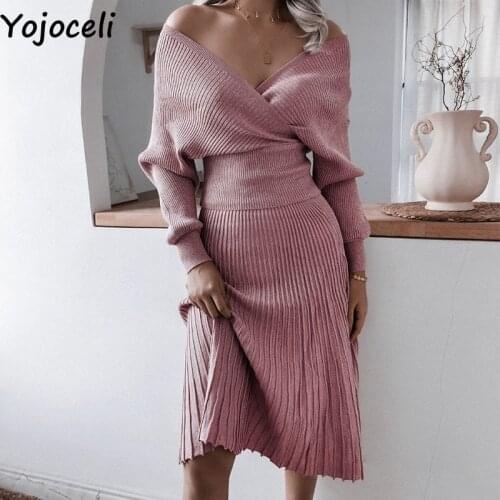 Yojoceli Elegant pleated women warm knitted dress 2 piece set Autumn winter casual sweater dress Daily soft bling midi dresses