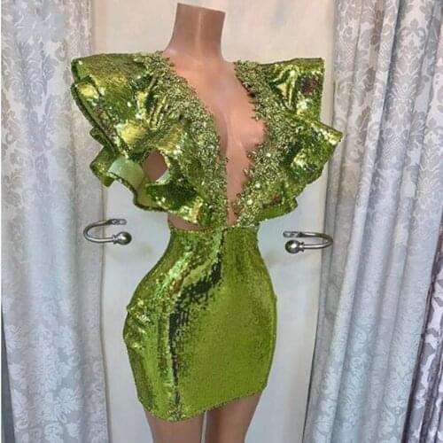 Green Prom Gown Short Sequined robe de soiree Beaded Arabic Party Dresses Night Formal Gowns Woman Custom Made Designed