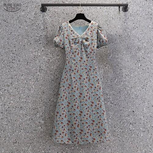 Dress 2021 Summer Puff Sleeve Floral Maxi Dress A Line V Neck Vintage Sweet Dresses for Women Fashion Clothing Robe 15098