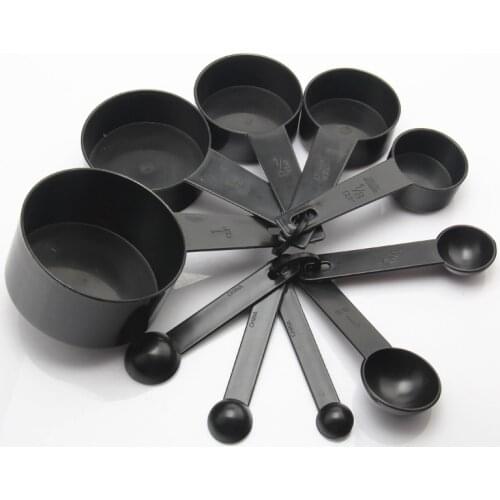 10pcs Black Plastic Measuring Spoons and Cups Kit Kitchen Baking Tea Coffee Cooking Tool Household Utensil Tools