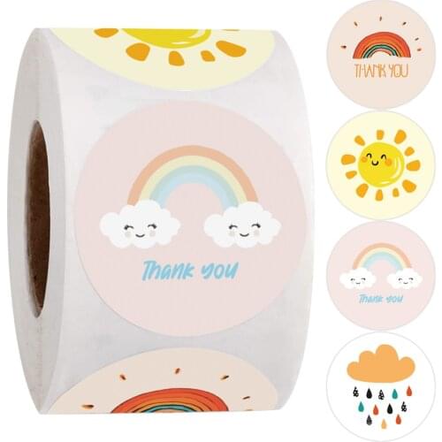 100-500 Pcs Round Cartoon Thank You Stickers Cute Sun Rainbow Clouds Sticker For Handmade Gift Decor Labels Kids Reward Stickers