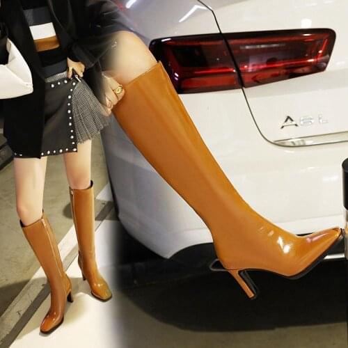 2021 Fashion Knee High Boots Woman Women High Heel Boots Thick Heel Zipper Woman autumn Boots Size 34-43