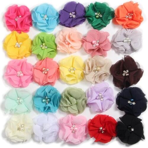 240PCS 5cm 2" Chic Chiffon Fabric Flowers for Baby Headbands Pear Rhinestone Flower For Women Girls Hair Accessories
